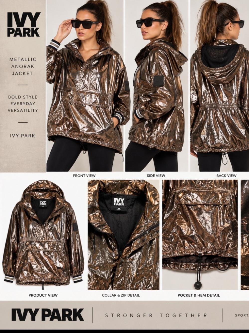 IVY PARK Metallic Bronze Hooded Windbreaker Anorak Jacket